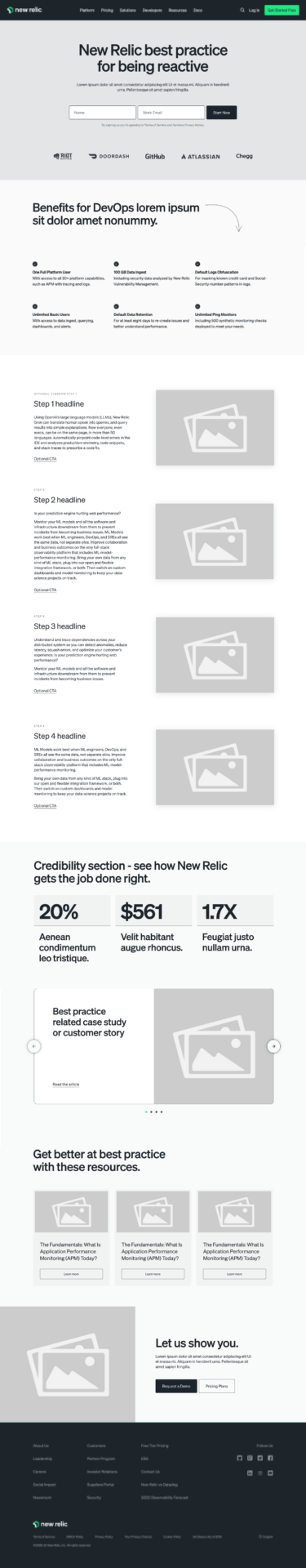 New Relic 1 Practices page template wireframe.